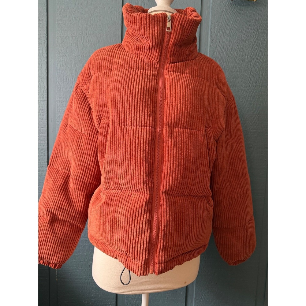 Orange Corduroy Puffer Jacket Women's High Neck Winter Warm Casual